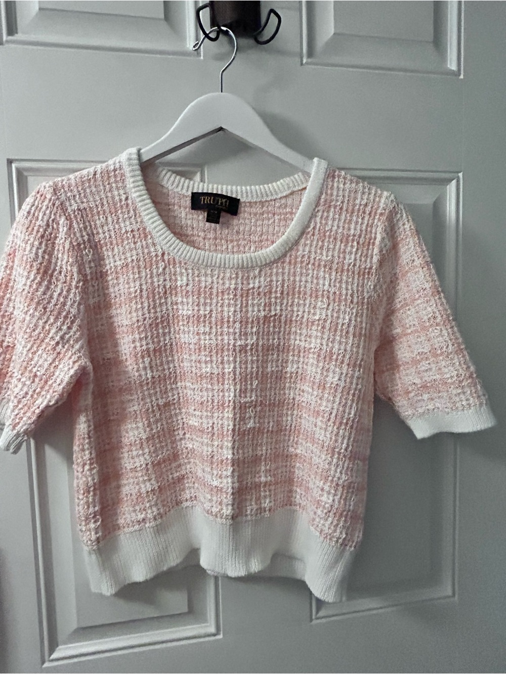 Tru Trussardi Pink and White Short-Sleeve Tweed Sweater